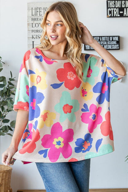 HOPELY Floral Waffle Oversize T-Shirt Dresses & Tops