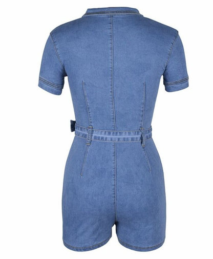 Fashion street beat deep V zipper belt pocket slim denim jumpsuit apparel & accessories