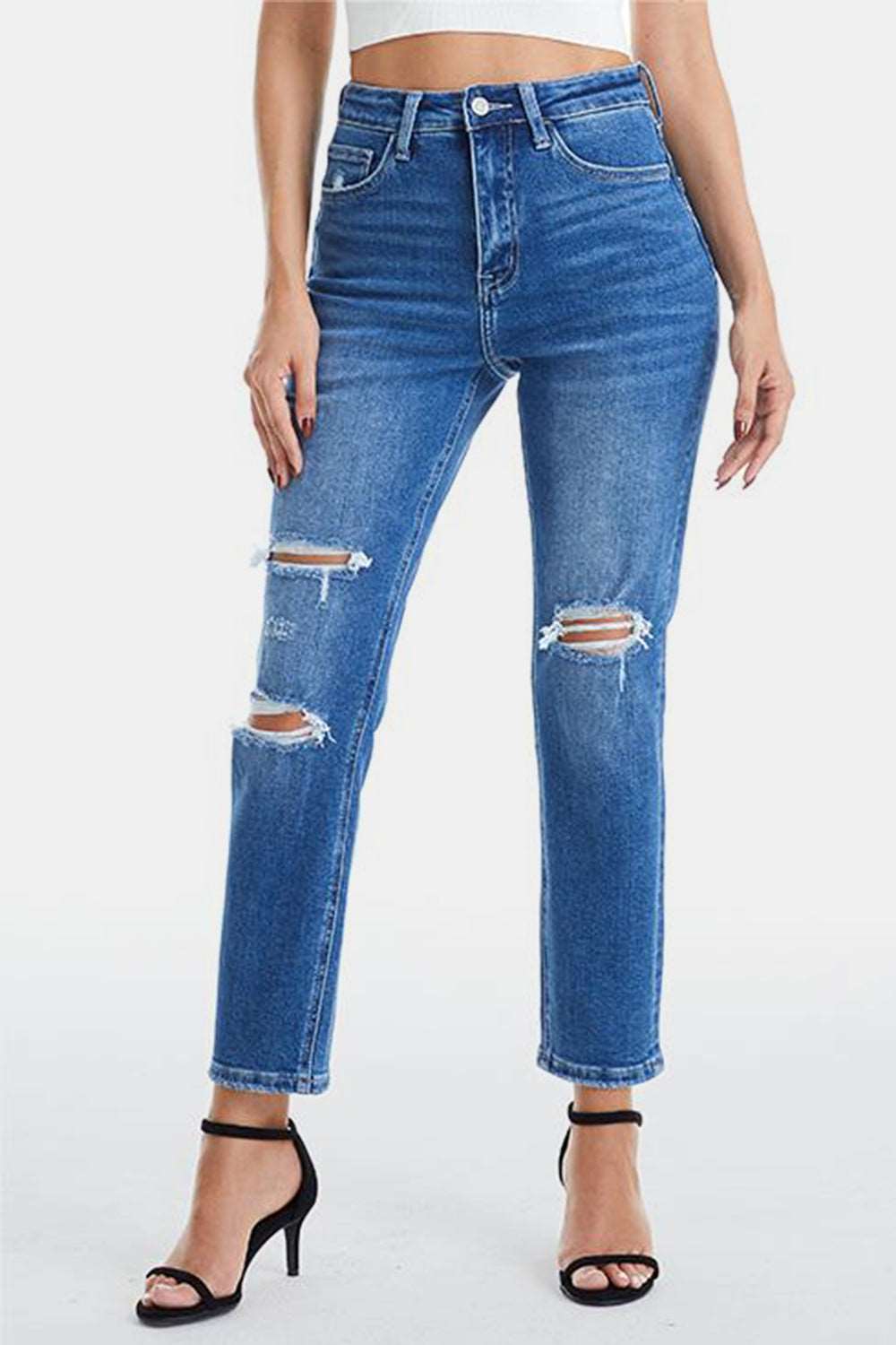 BAYEAS Full Size Distressed High Waist Mom Jeans apparel & accessories