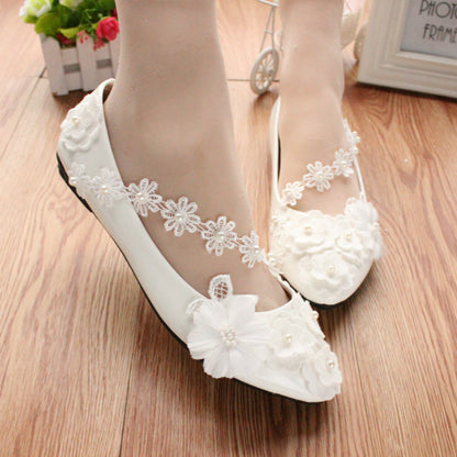 White Large Lace Low Heel Wedding Dress 3D Flower Women's Shoes Shoes & Bags