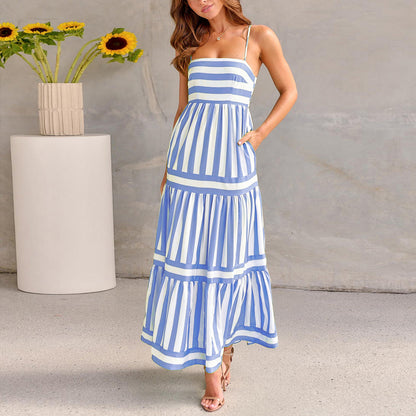 Summer Striped Printed Suspender Long Dress With Pockets Fashion Square Neck Backless Dresses For Beach Vacation Women Clothing apparel & accessories