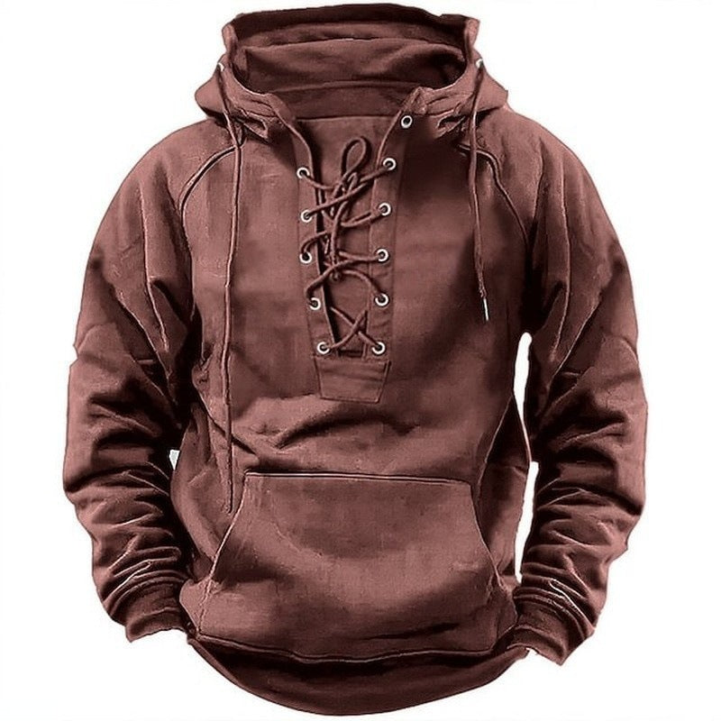 Retro Lace-up Hooded Long-sleeved T-shirt men's clothing