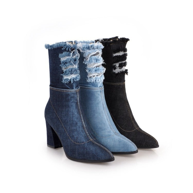 Denim short boots with thick heels apparel & accessories