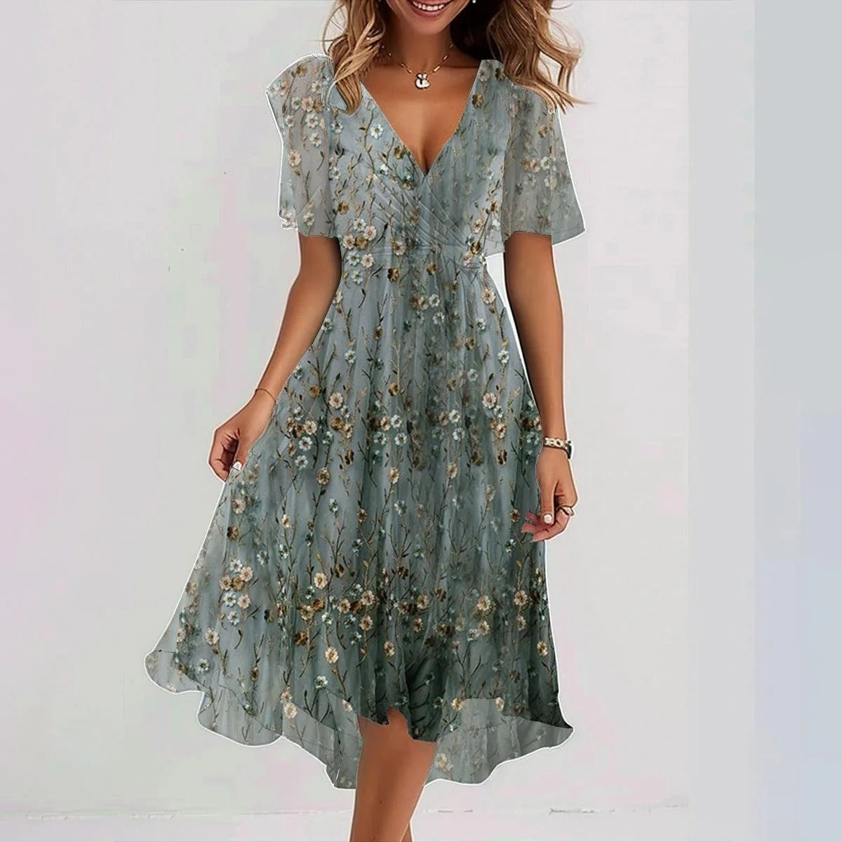 Chiffon Printed Short Sleeve Dress Summer Elegant V-neck Dresses Womens Clothing apparels & accessories