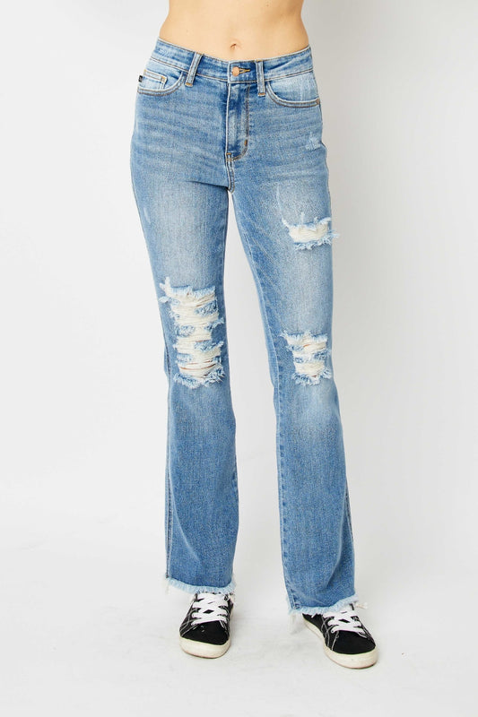 Judy Blue Full Size Distressed Raw Hem Bootcut Jeans Bottom wear