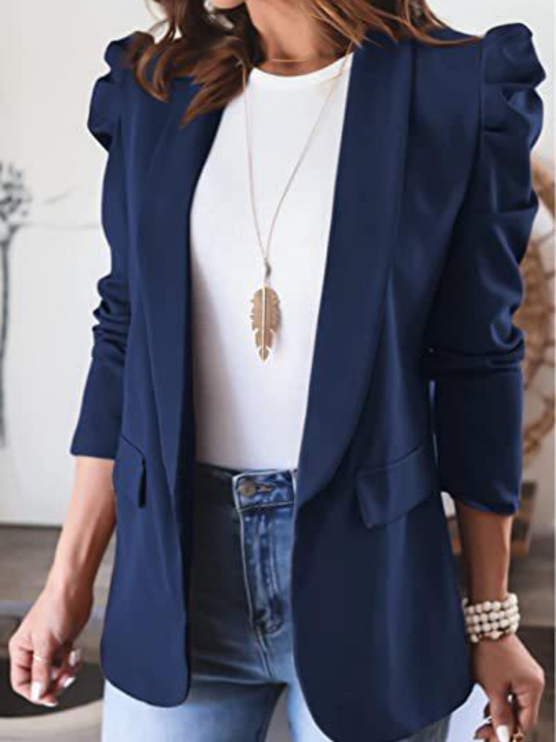 Collared Neck Puff Sleeve Blazer Dresses & Tops