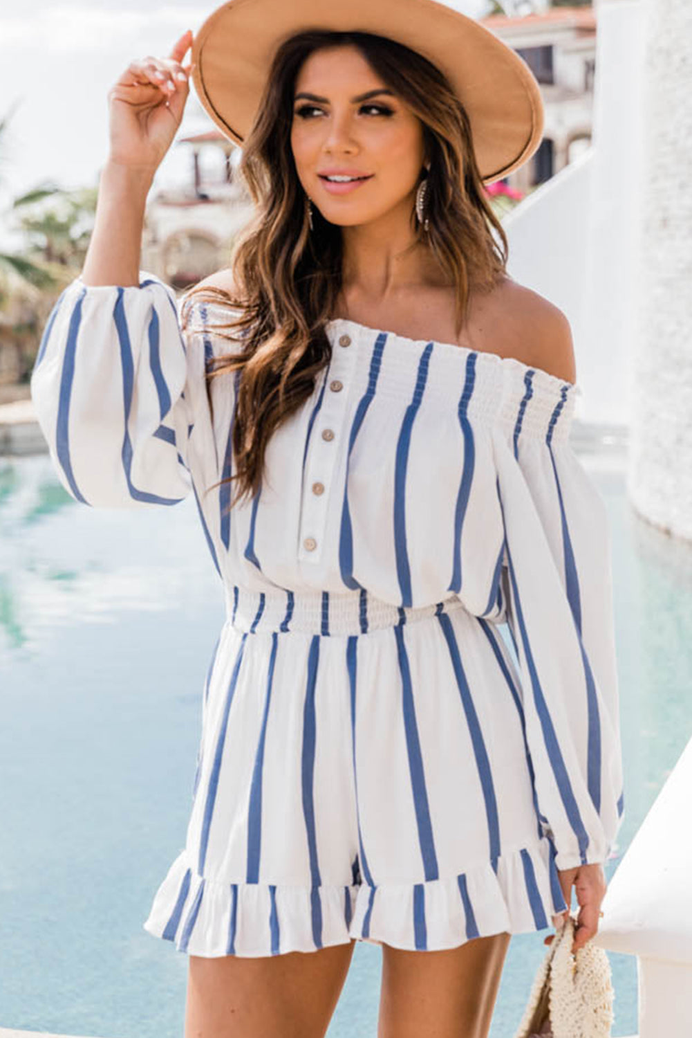 Striped Off Shoulder Smocked Romper Bottom wear