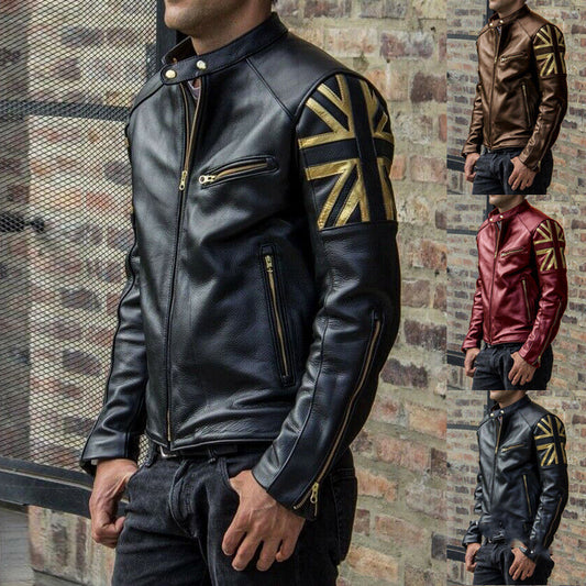 Solid color stand-up collar multi-zip fit PU leather jacket men's clothing