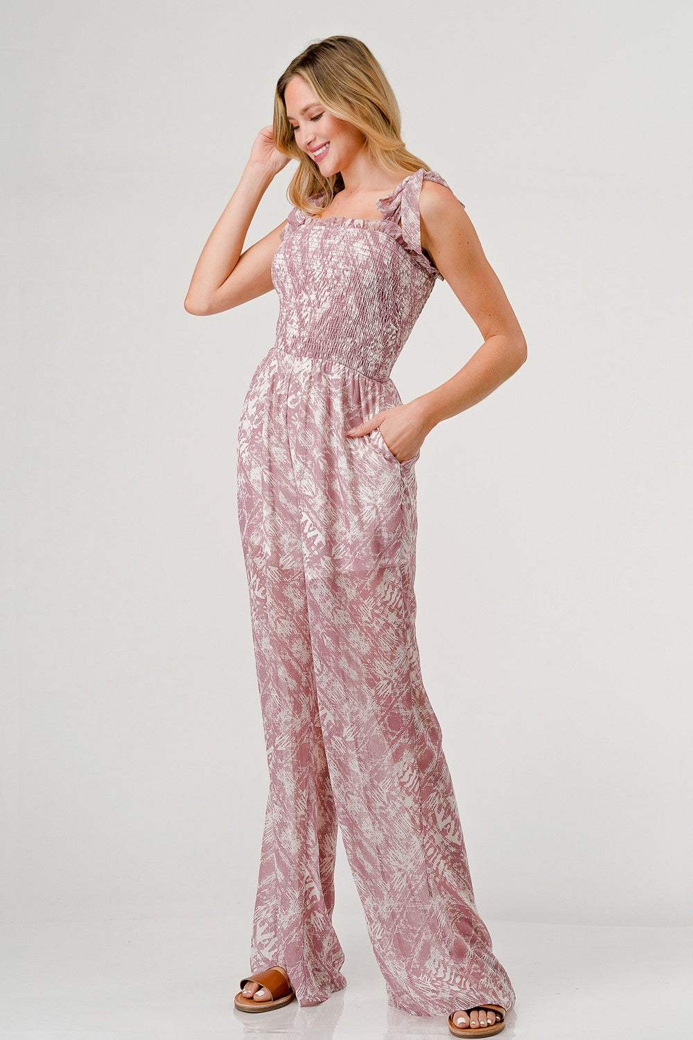 GeeGee Printed Tie Shoulder Wide Leg Jumpsuit Bottom wear