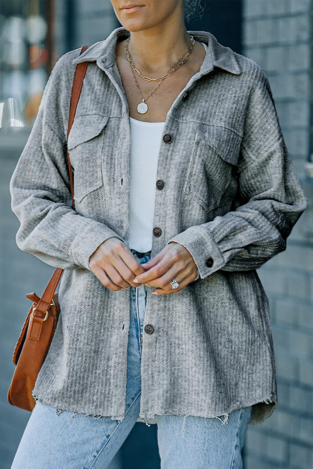 Textured Button Down Shirt Jacket with Pockets apparel & accessories