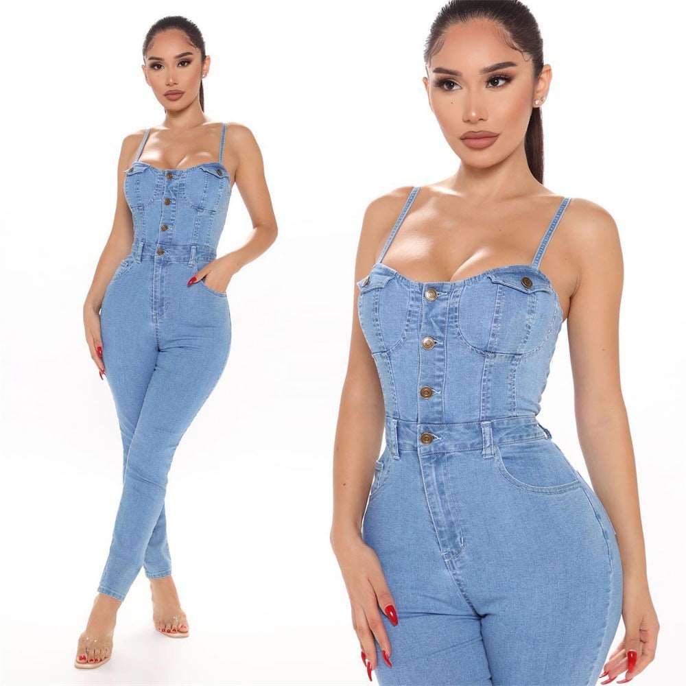 Casual Nightclub Women's High Elastic Denim Jumpsuit Summer apparel & accessories