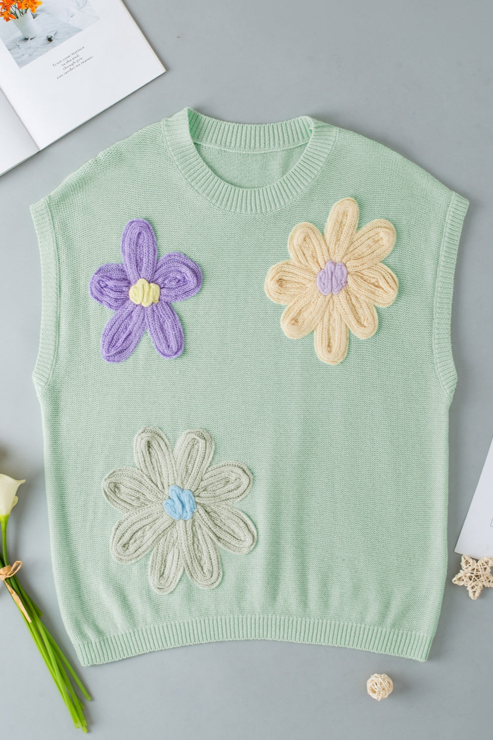 Crochet Flower Round Neck Sweater Vest Dresses & Tops