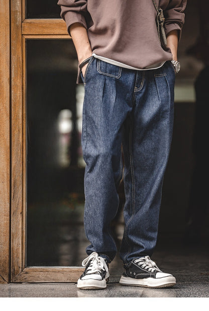 Vintage Denim Washed Elastic Waist Loose Jeans Cityboy Wide Leg Tapered Pants Men apparel & accessories