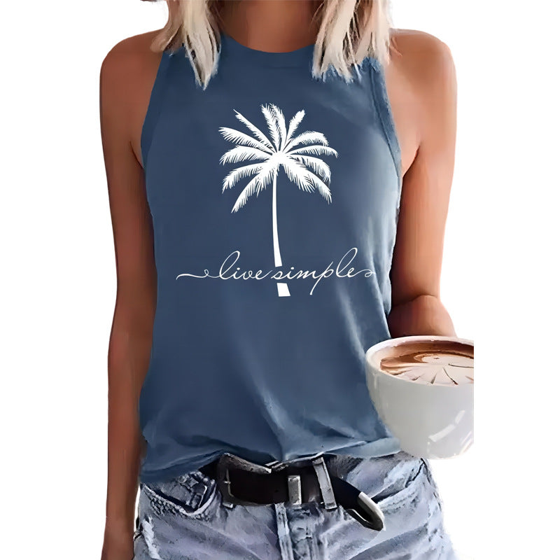 Coconut Tree Printed Crew Neck Casual Sleeveless T-shirt apparel & accessories