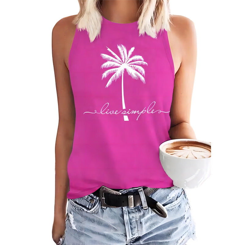 Coconut Tree Printed Crew Neck Casual Sleeveless T-shirt apparel & accessories