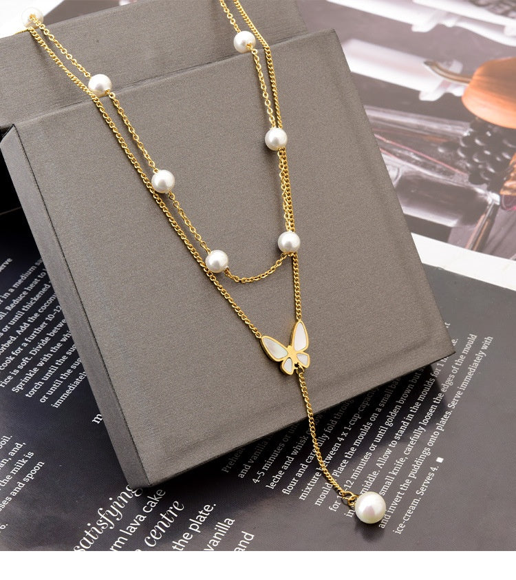 Butterfly Women's Titanium Steel Double-layer Chain Pearl Jewelry
