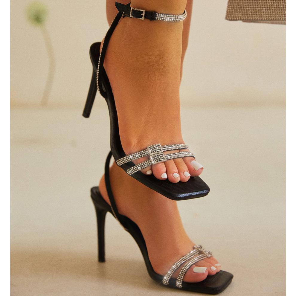 Simple High Heel Rhinestone Thin Belt Square Head Stiletto Sandals Shoes & Bags