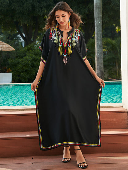 Women's Cotton Beach Cover-up Robe Style Loose Embroidery Vacation Dress apparel & accessories