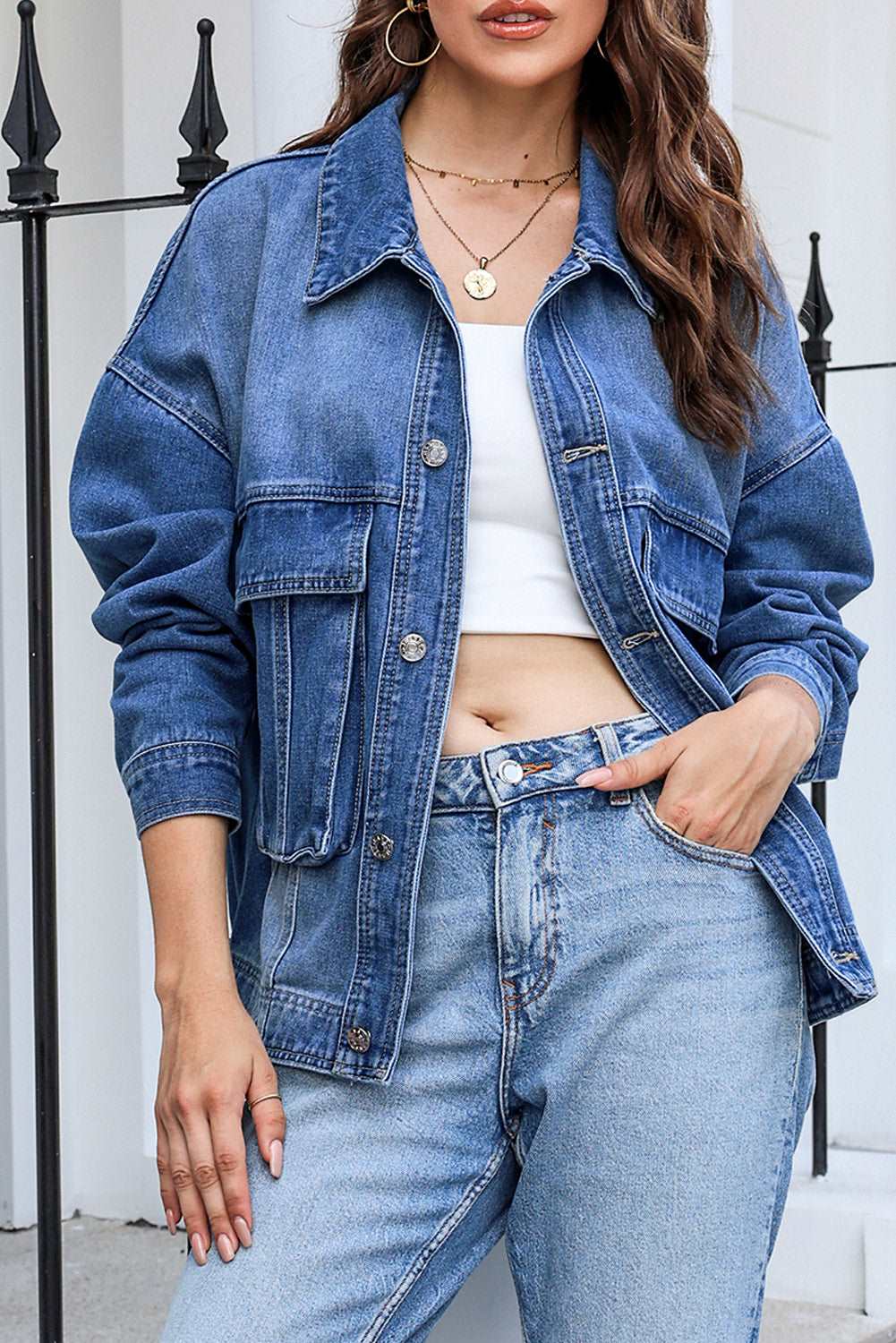 Button Up Dropped Shoulder Denim Jacket with Pockets Dresses & Tops