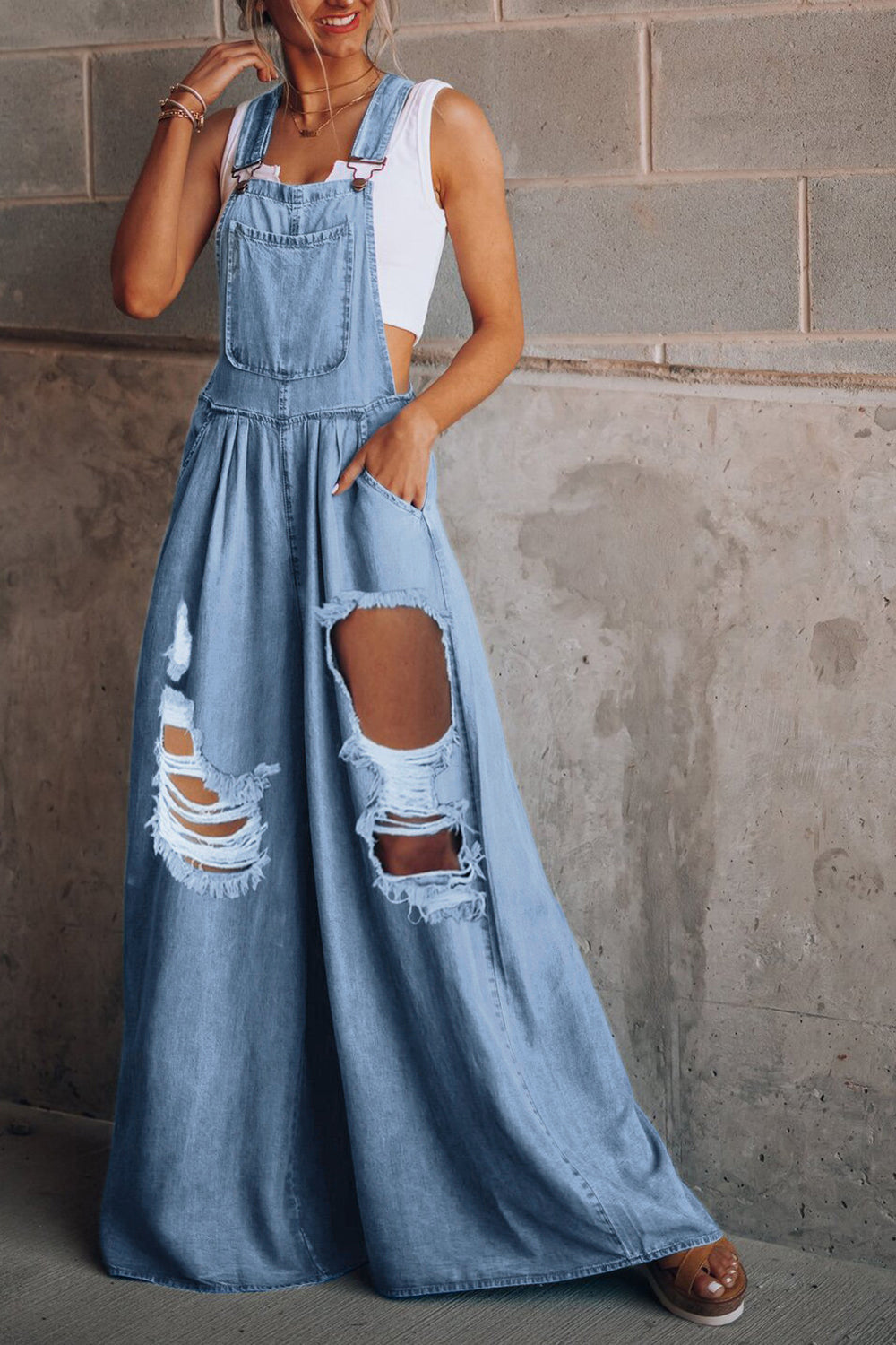 Distressed Wide Leg Denim Overalls apparel & accessories