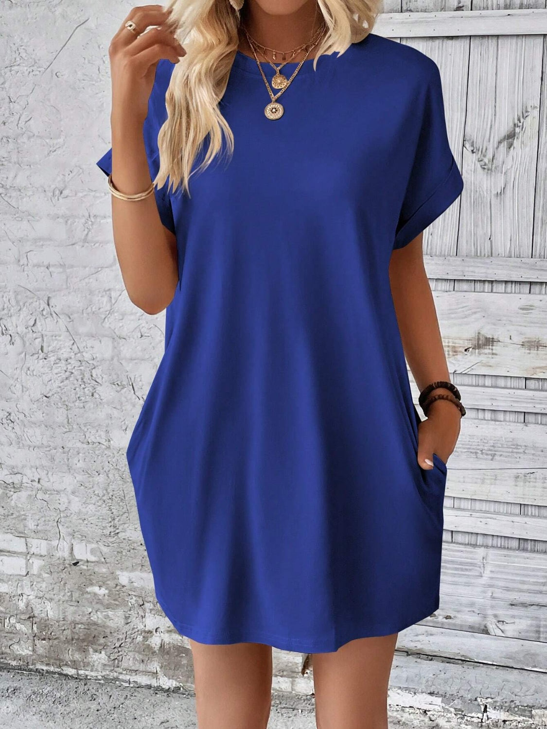 Round Neck Short Sleeve Mini Dress Dresses & Tops