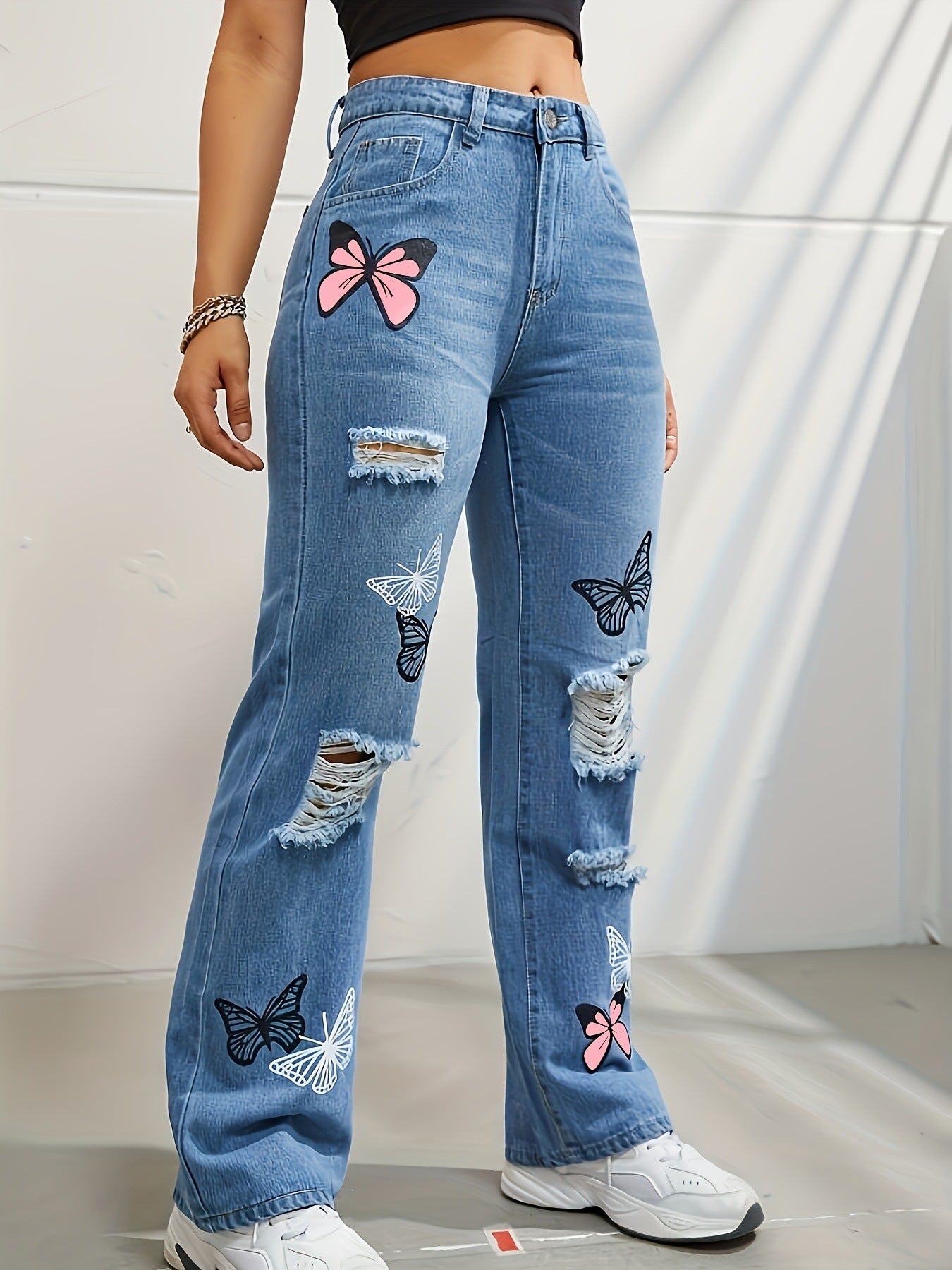 High Waisted Straight Leg Butterfly Print Ripped Distressed Denim Pants apparels & accessories