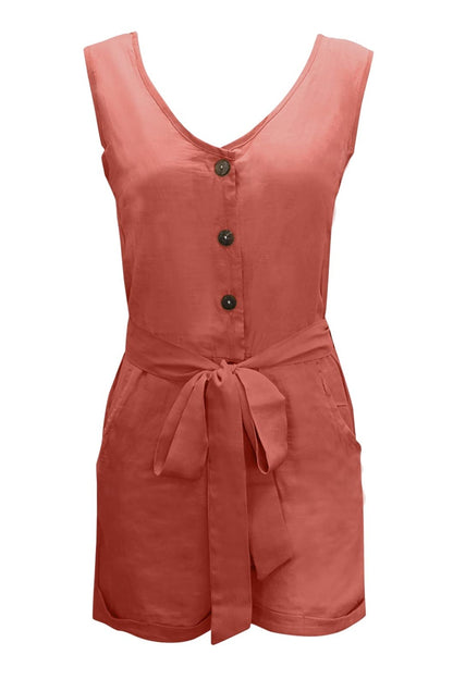 Full Size Tied V-Neck Sleeveless Romper with Pockets Dresses & Tops