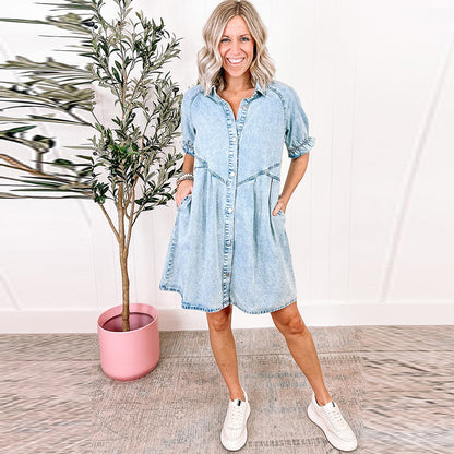 Retro Short Sleeve Denim Dress Women apparel & accessories