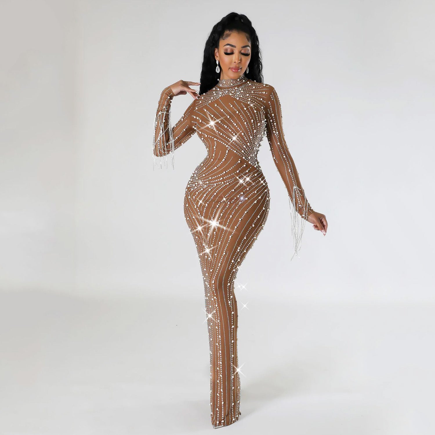 Women's Mesh Rhinestone Long Dress apparel & accessories