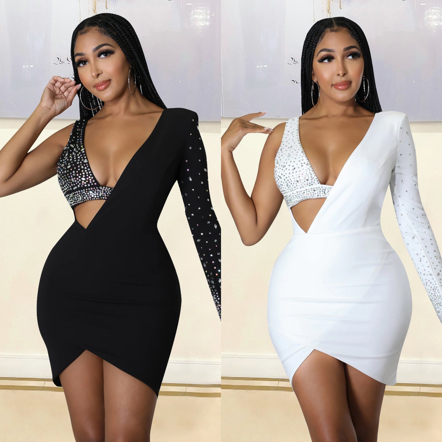 Women's Fashion Tight Rhinestone One-shoulder Dress apparels & accessories