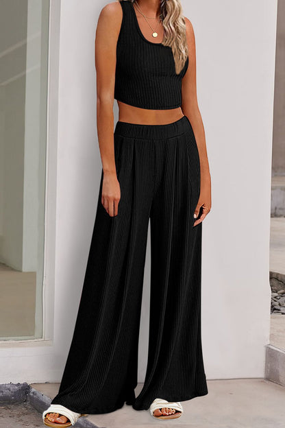 Scoop Neck Top and Wide Leg Pants Set Bottom wear