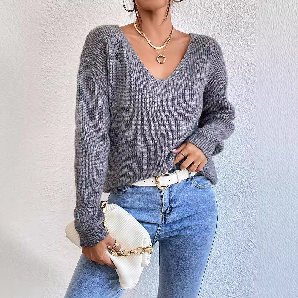 Lace Backless V-neck Pullover Long Sleeve Sweater apparels & accessories