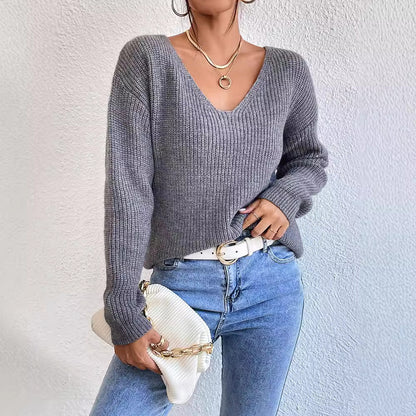 Lace Backless V-neck Pullover Long Sleeve Sweater apparels & accessories