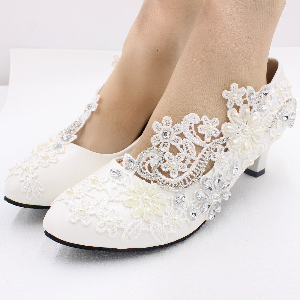 White High-heeled Wedding Shoes Lace Rhinestone Bridal Shoes & Bags