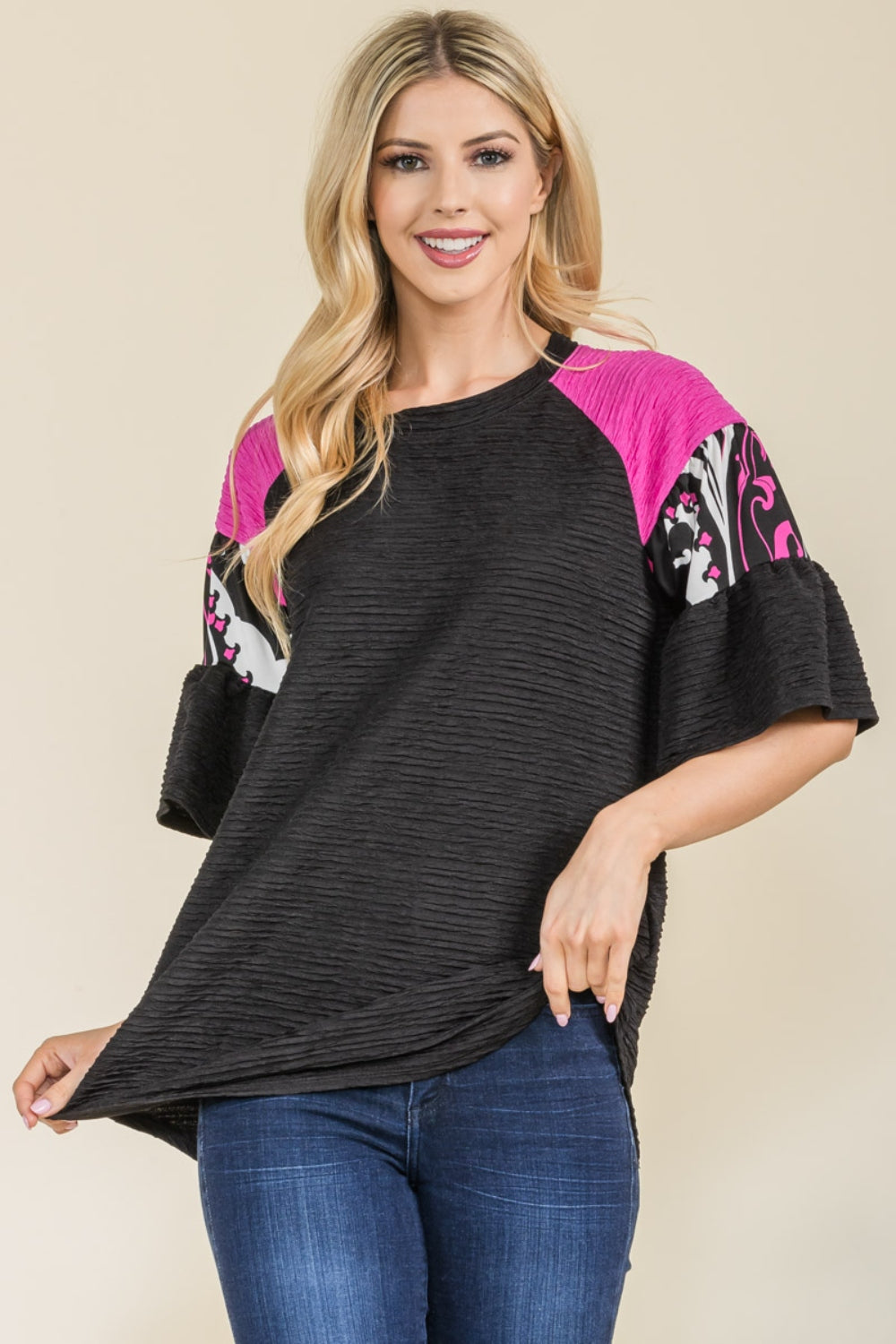 Celeste Full Size Texture Printed Color Block Top apparel & accessories