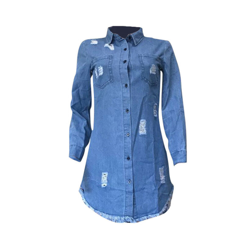 Short Ripped Denim Dress With Fringed Buttons apparel & accessories