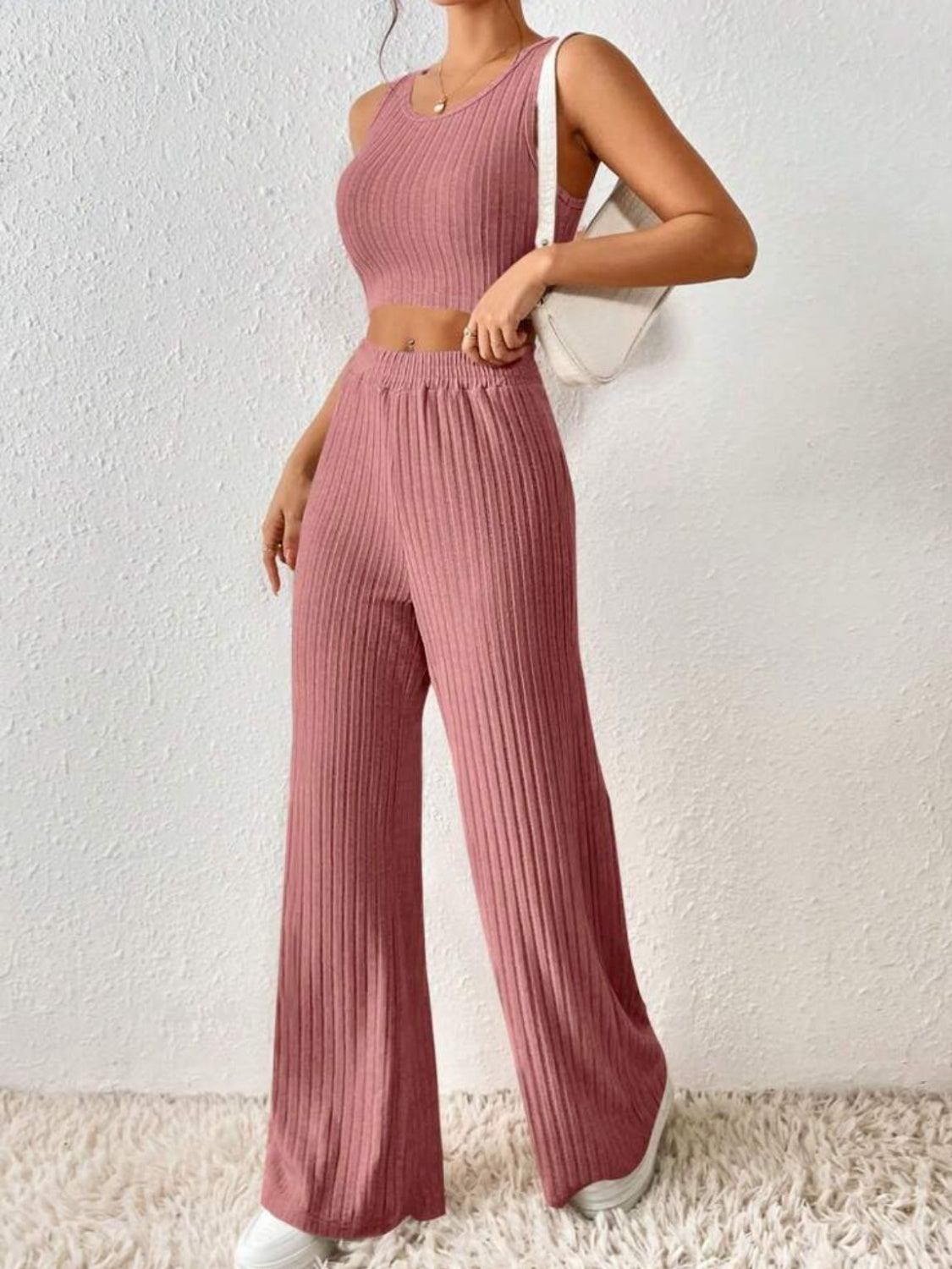 Ribbed Round Neck Tank and Pants Sweater Set apparel & accessories