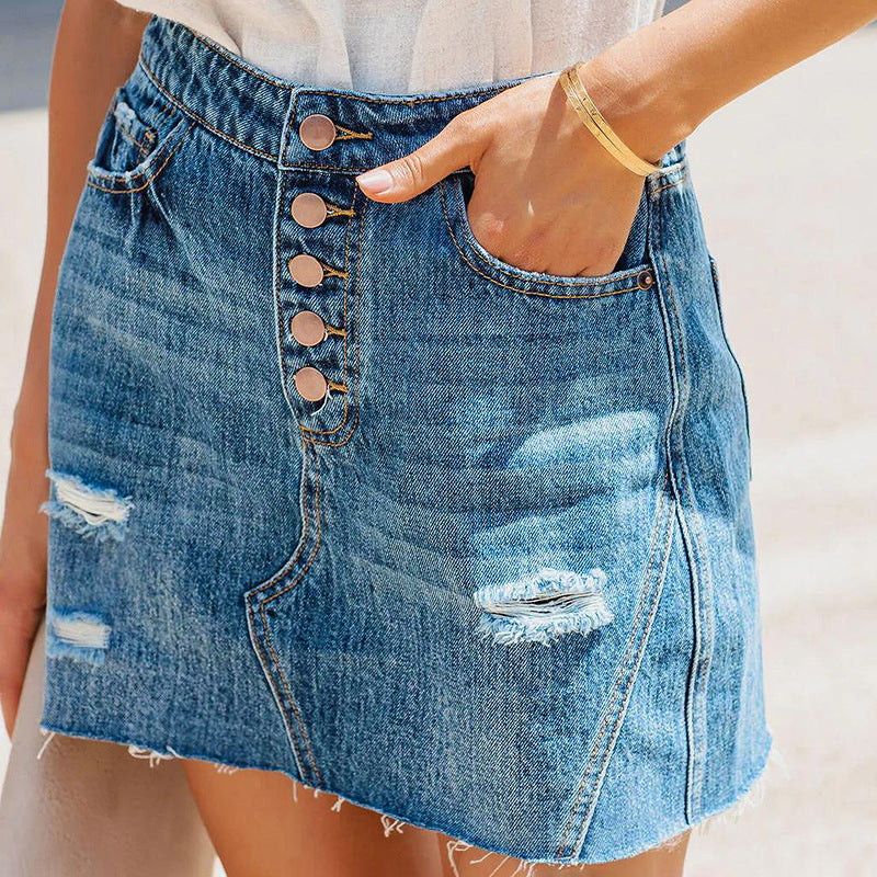 Women's Ripped Washed Multi-button Casual Denim Skirt apparel & accessories