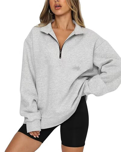 Women Sweatshirts Zip Turndown Collar Loose Casual Tops apparels & accessories