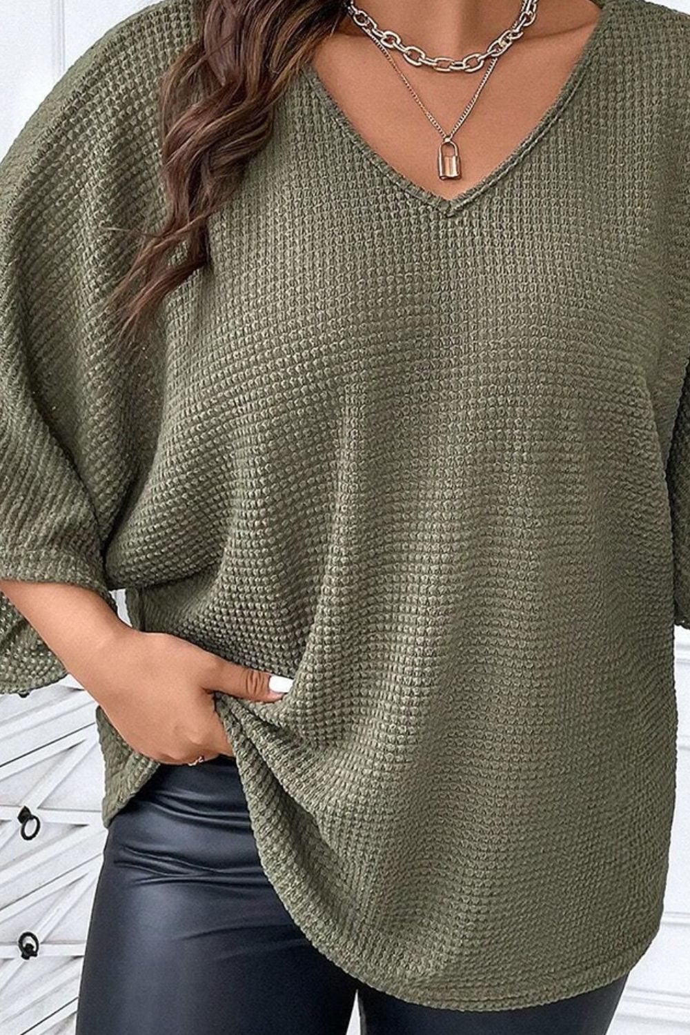 Plus Size Waffle-Knit V-Neck Blouse Dresses & Tops