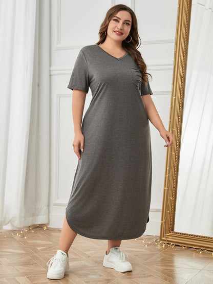 Plus Size Pocketed V-Neck Short Sleeve Lounge Dress Dresses & Tops