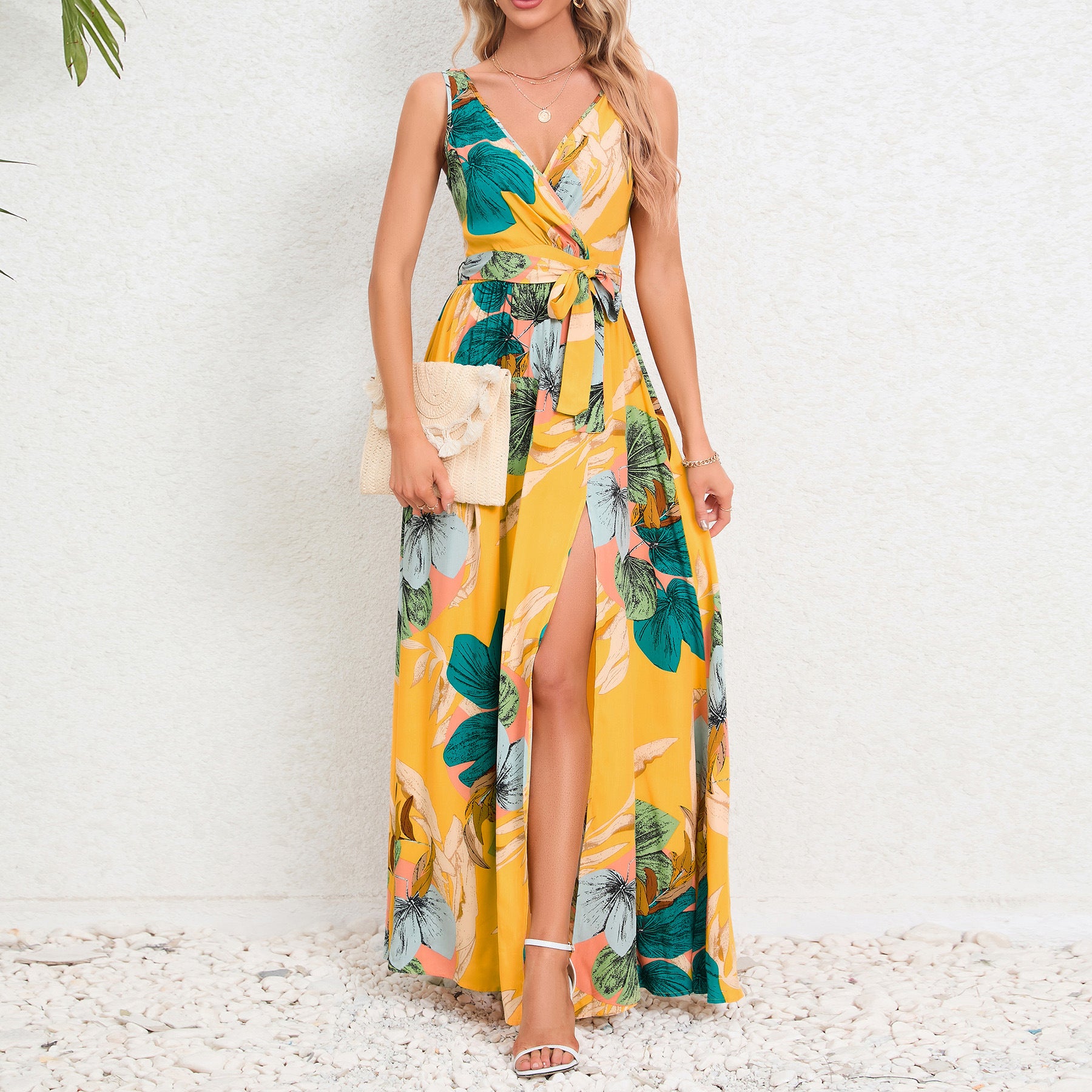 V-neck Floral Print Long Dress Summer Fashion Waist Tie Slit Design Sleeveless Dress For Womens Clothing apparel & accessories