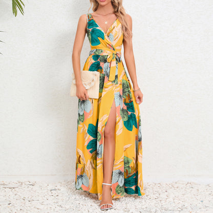 V-neck Floral Print Long Dress Tie Slit Design apparel & accessories