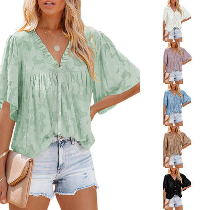 V-neck Cardigan Five-point Mid-sleeve Chiffon Shirt Print Top apparels & accessories