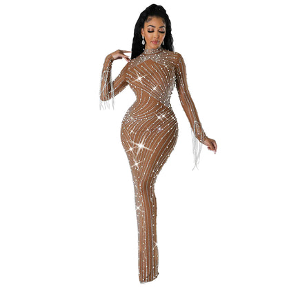 Women's Mesh Rhinestone Long Dress apparel & accessories