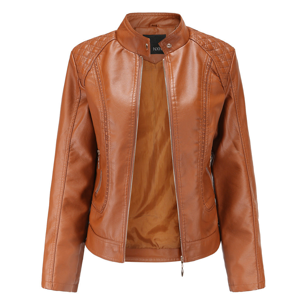 Women's stand collar PU leather jacket apparels & accessories