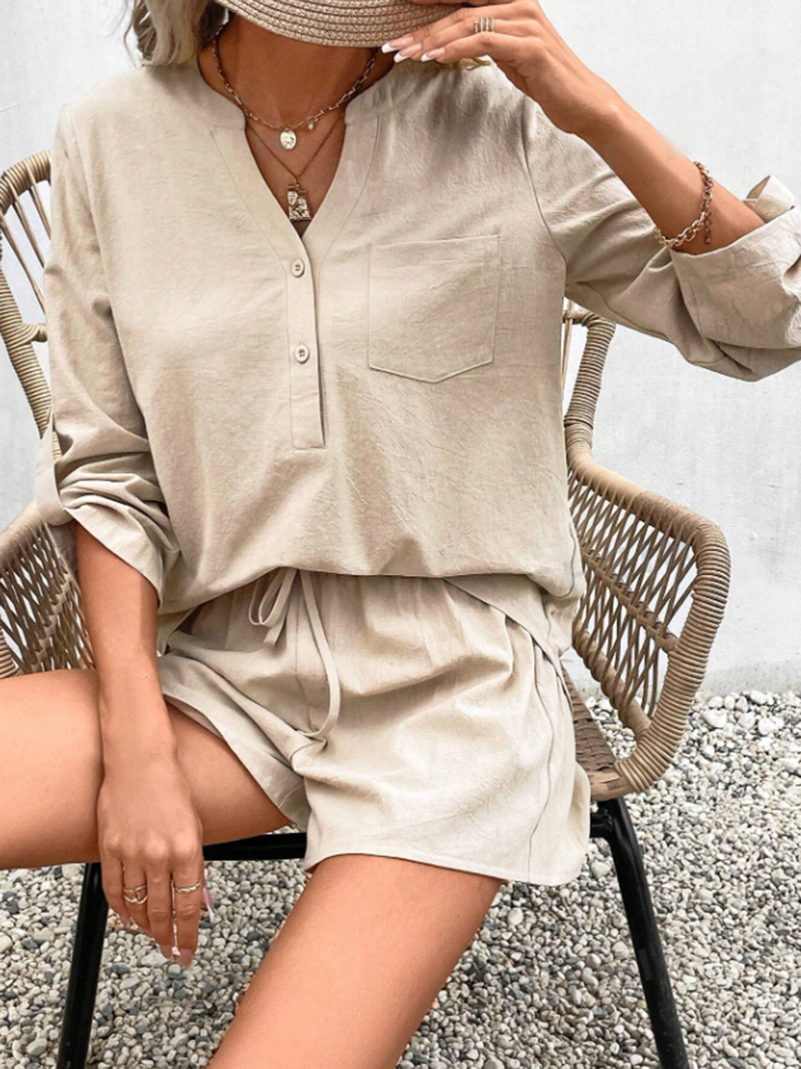 Notched Long Sleeve Top and Shorts Set apparel & accessories