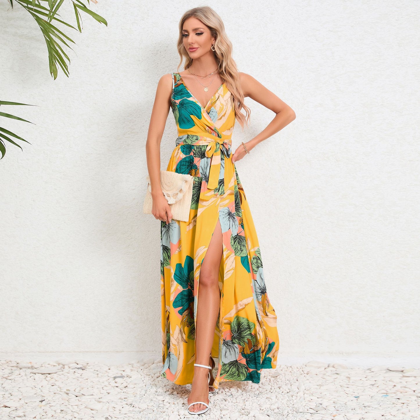 V-neck Floral Print Long Dress Summer Fashion Waist Tie Slit Design Sleeveless Dress For Womens Clothing apparel & accessories