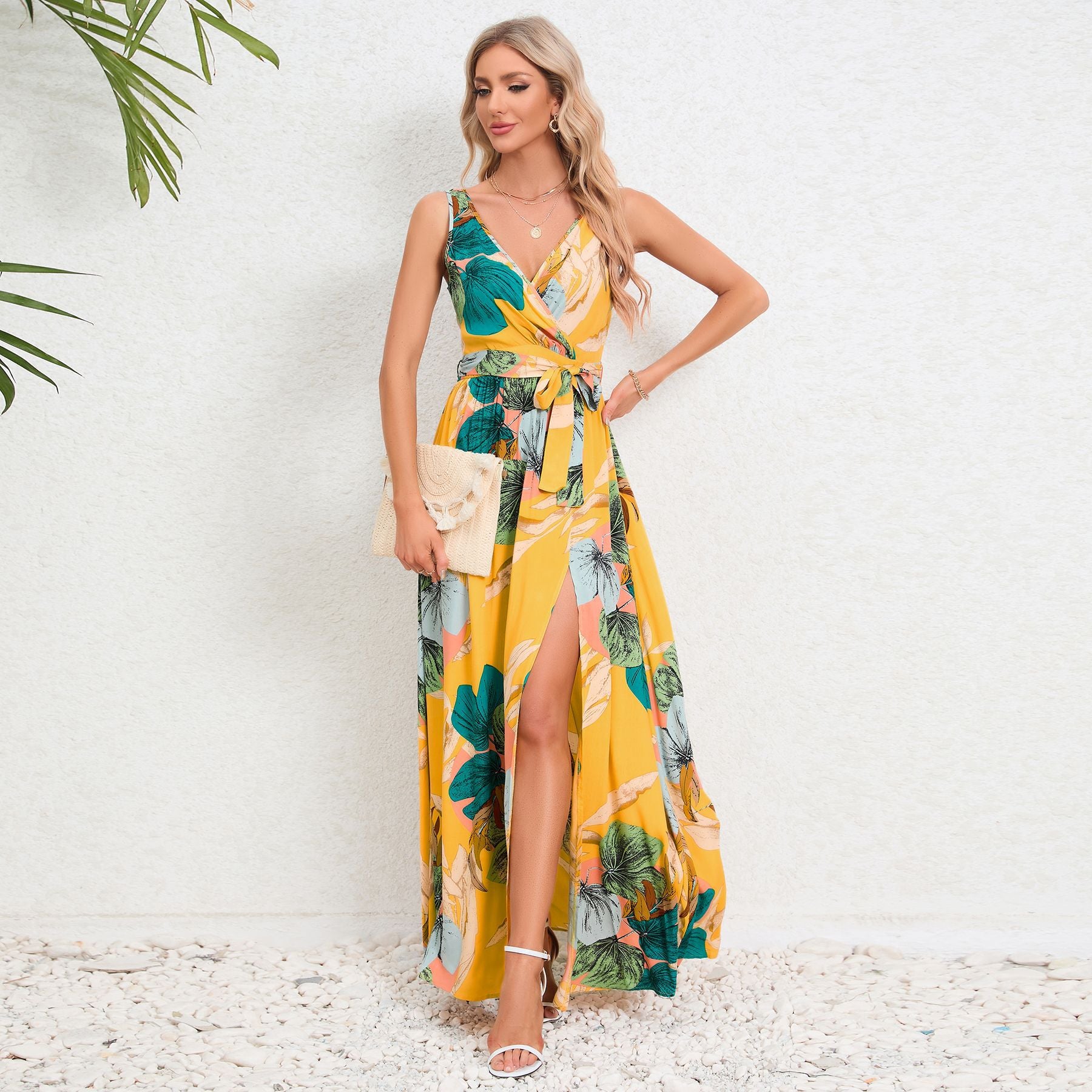 V-neck Floral Print Long Dress Tie Slit Design apparel & accessories