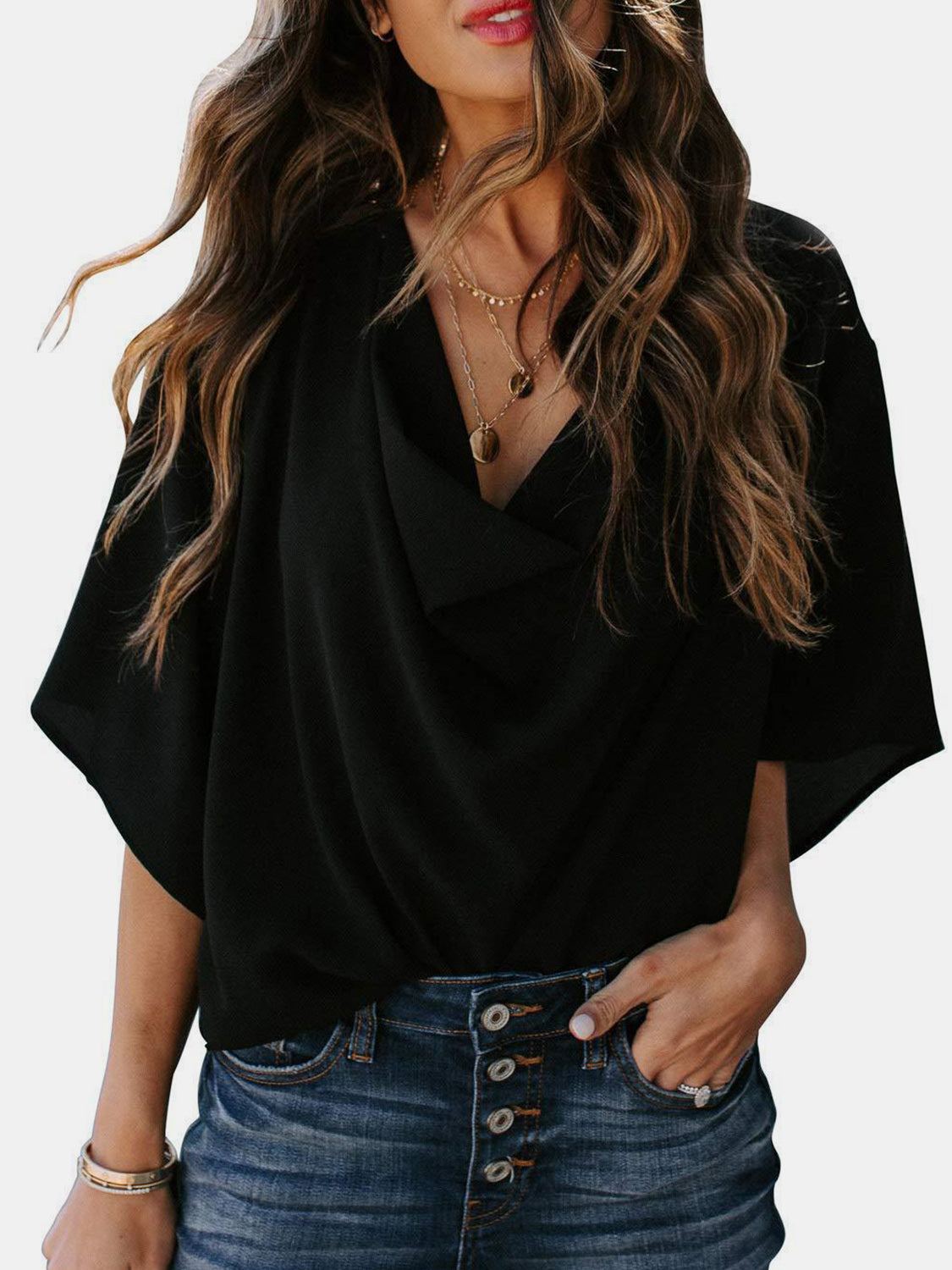 Cowl Neck Three-Quarter Sleeve Blouse apparel & accessories